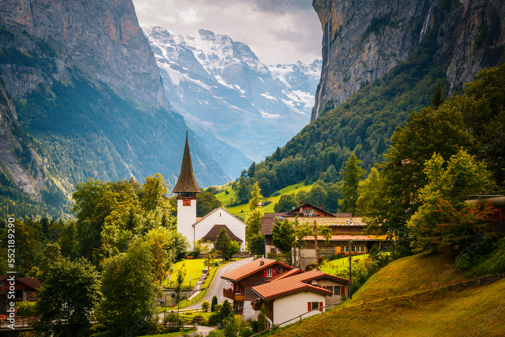 Fantastic view of the picturesque alpine town of Lauterbrunnen. Swiss alps, Switzerland, Europe.