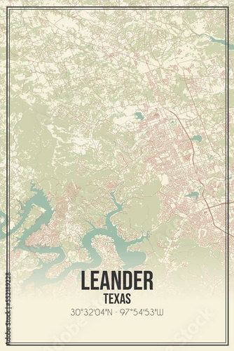 Retro US city map of Leander, Texas. Vintage street map. photo