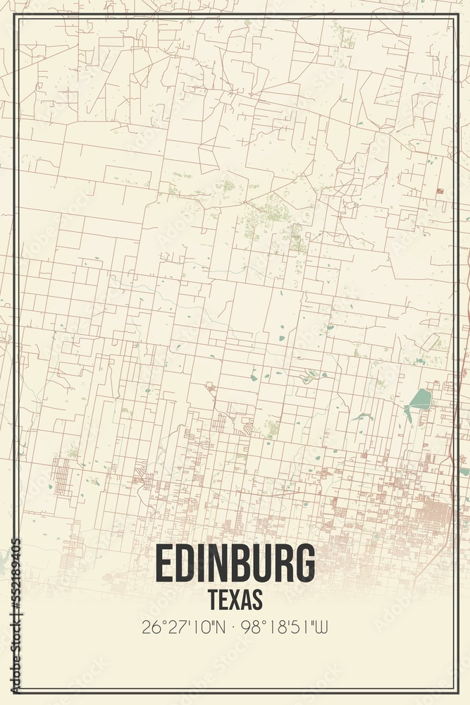 Retro US city map of Edinburg, Texas. Vintage street map.