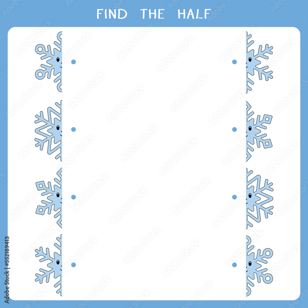Find the half for snowflake. Worksheet of simple educational game for kids. Vector worksheet