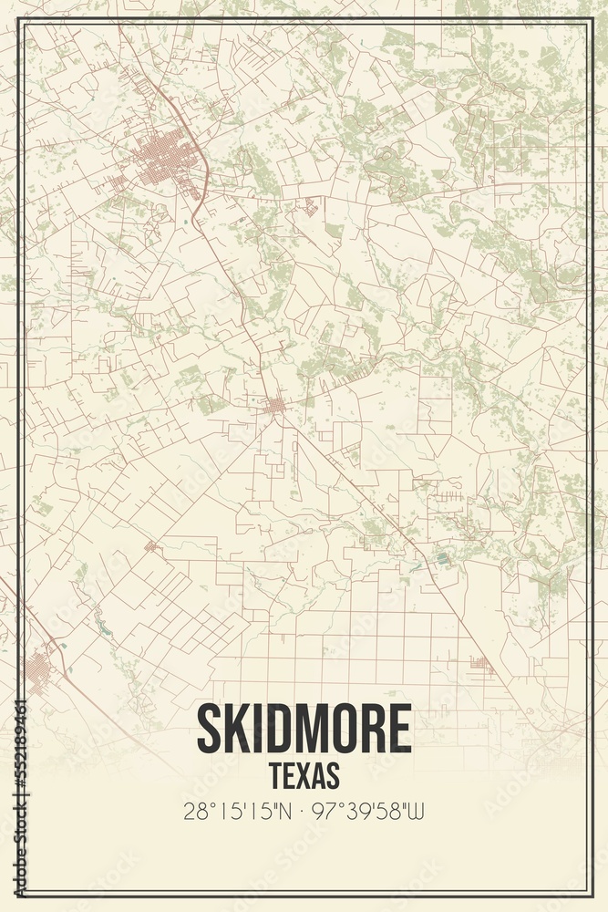 Retro US city map of Skidmore, Texas. Vintage street map.