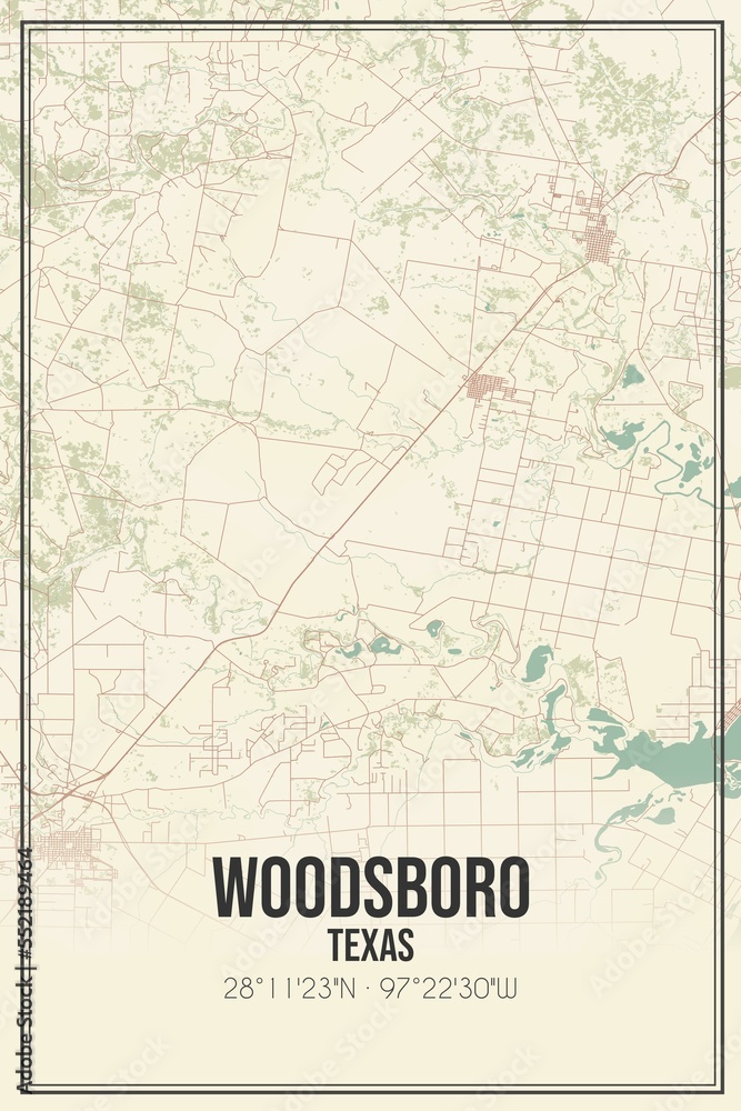 Retro US city map of Woodsboro, Texas. Vintage street map.