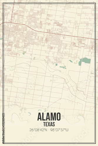 Retro US city map of Alamo, Texas. Vintage street map.