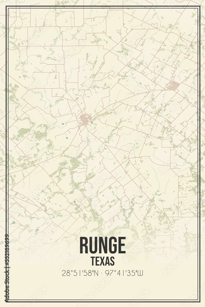Retro US city map of Runge, Texas. Vintage street map. Stock