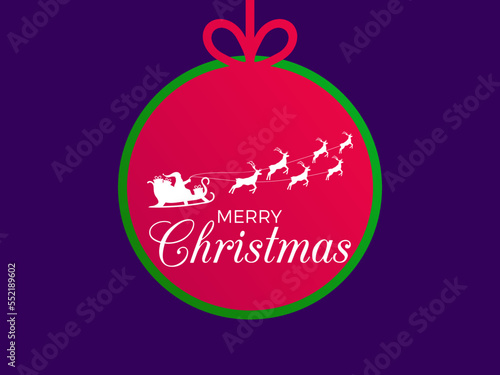Santa Claus in a sleigh with reindeer in the outline of a hanging Christmas ball. Red gradient christmas ball with bow. Xmas design for greeting cards  posters and banners. Vector illustration
