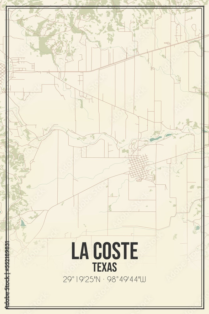 Retro US city map of La Coste, Texas. Vintage street map.