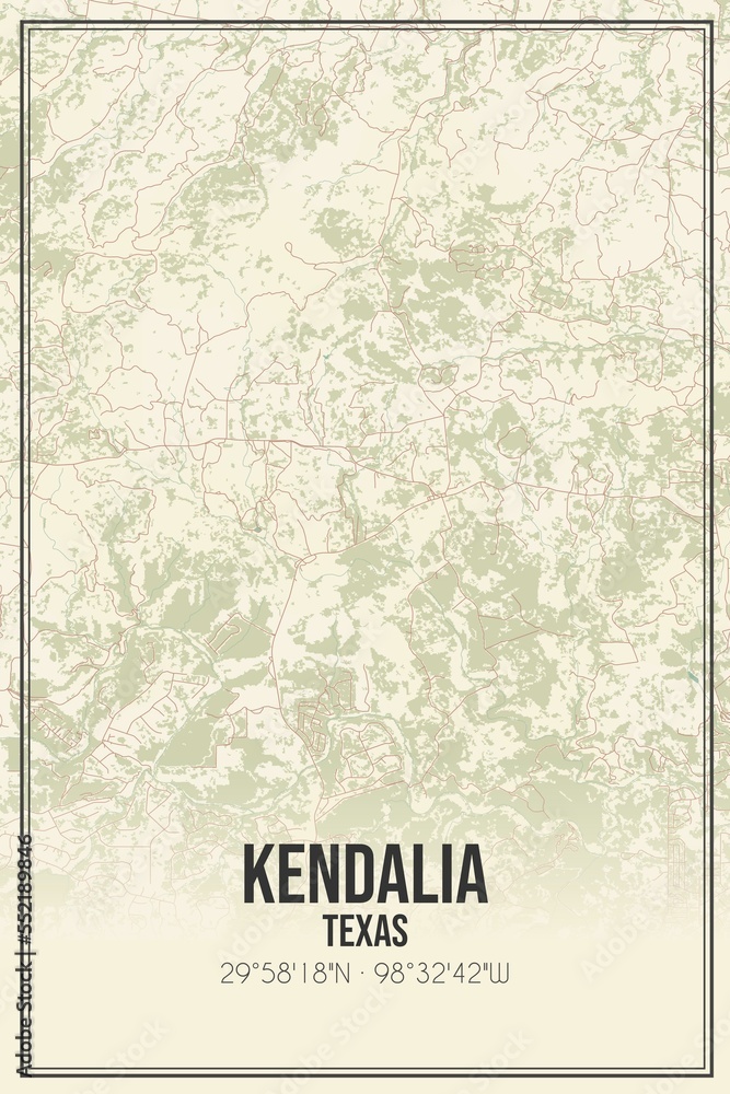 Retro US city map of Kendalia, Texas. Vintage street map.