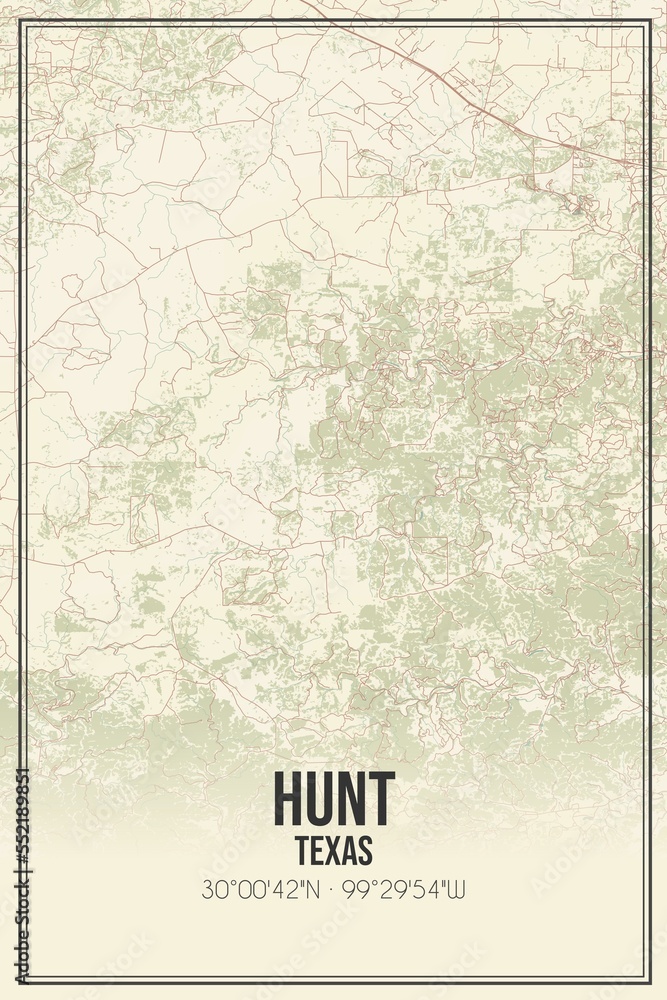 Retro US city map of Hunt, Texas. Vintage street map.