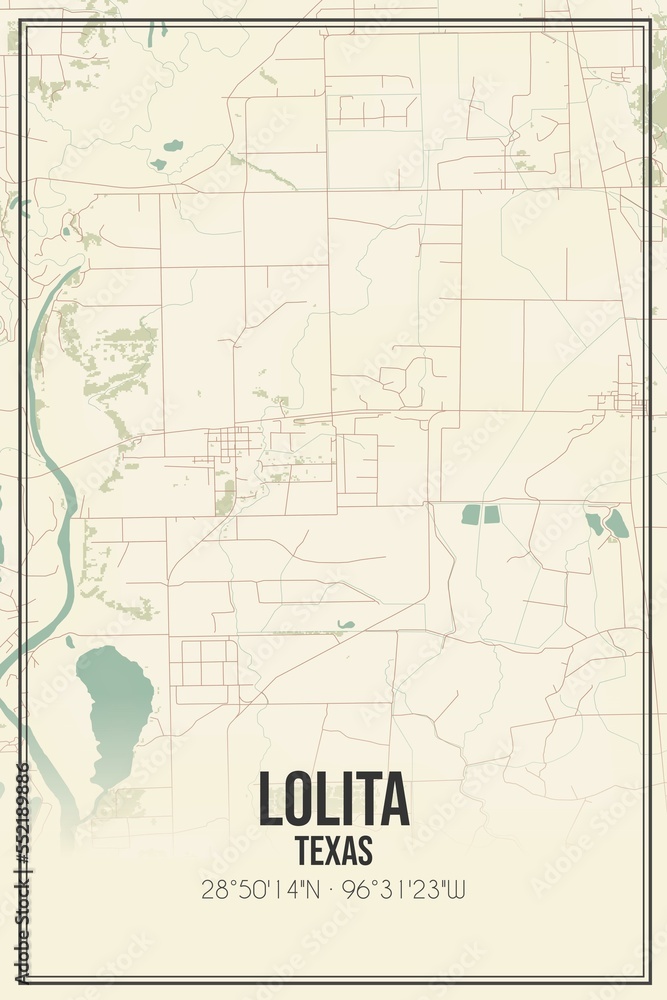 Retro US city map of Lolita, Texas. Vintage street map.