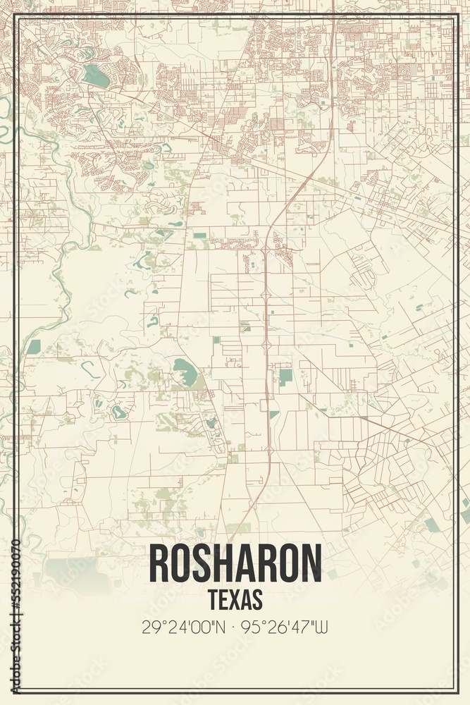 Retro US city map of Rosharon, Texas. Vintage street map.