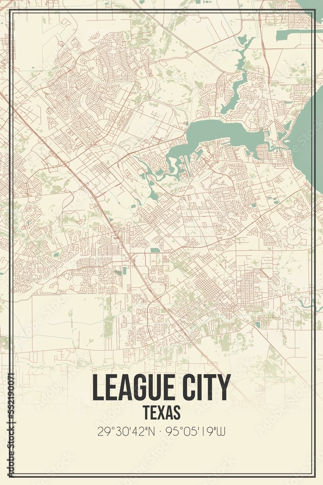 Retro US city map of League City, Texas. Vintage street map.
