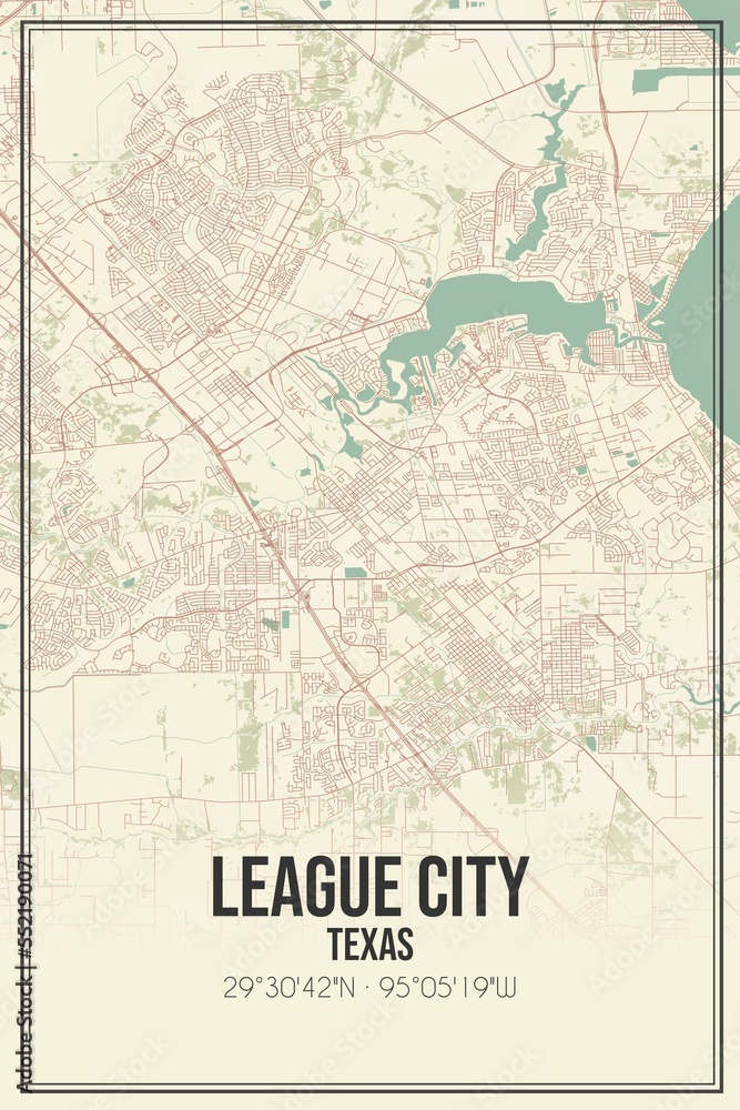 Fototapeta premium Retro US city map of League City, Texas. Vintage street map.