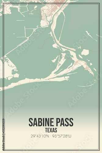 Retro US city map of Sabine Pass, Texas. Vintage street map.