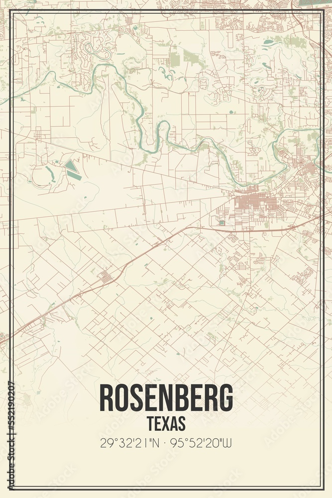 Obraz premium Retro US city map of Rosenberg, Texas. Vintage street map.
