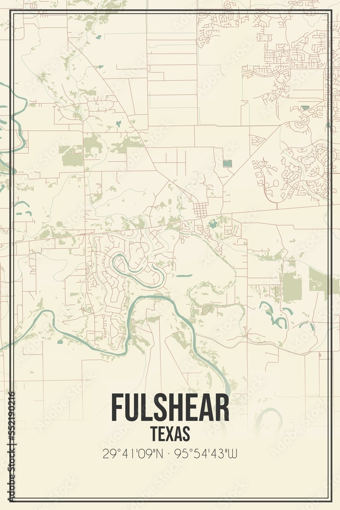 Retro US city map of Fulshear, Texas. Vintage street map.