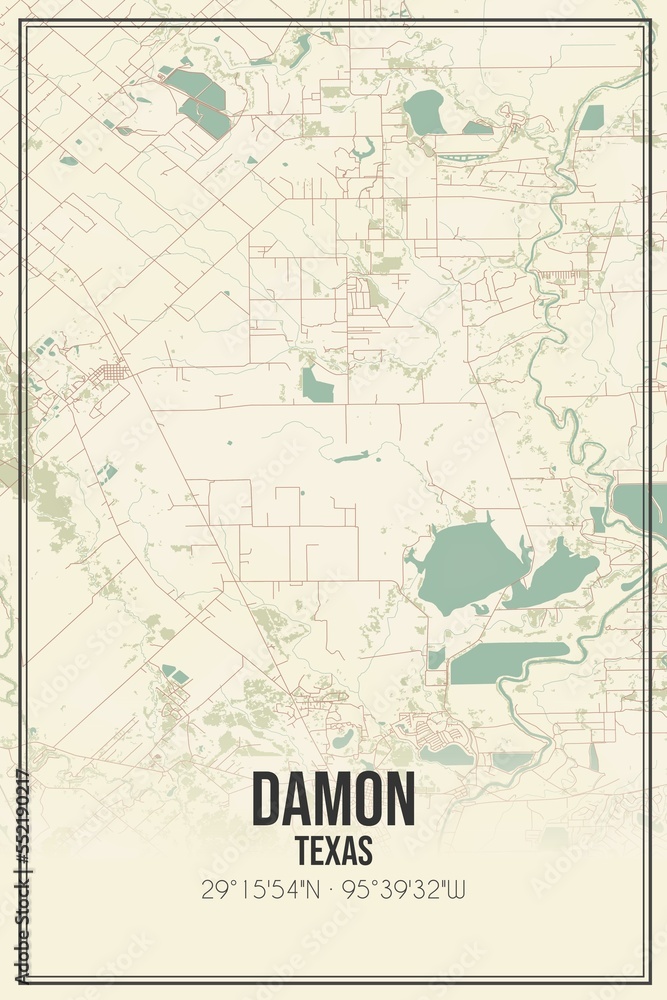 Retro US city map of Damon, Texas. Vintage street map.