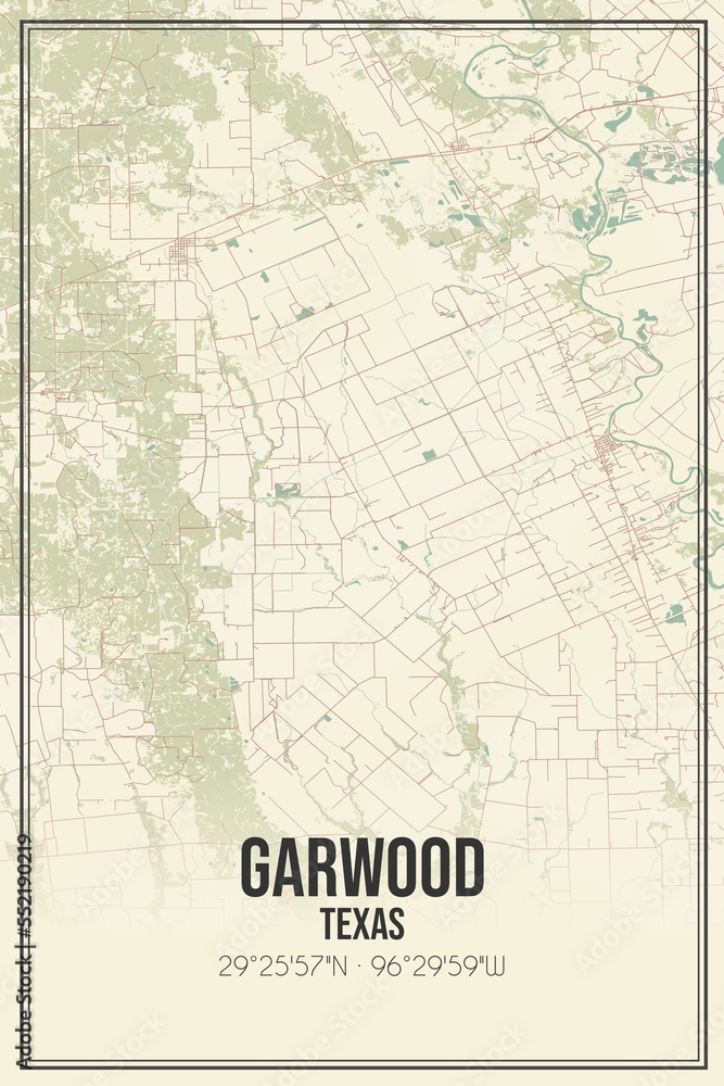Retro US city map of Garwood, Texas. Vintage street map.