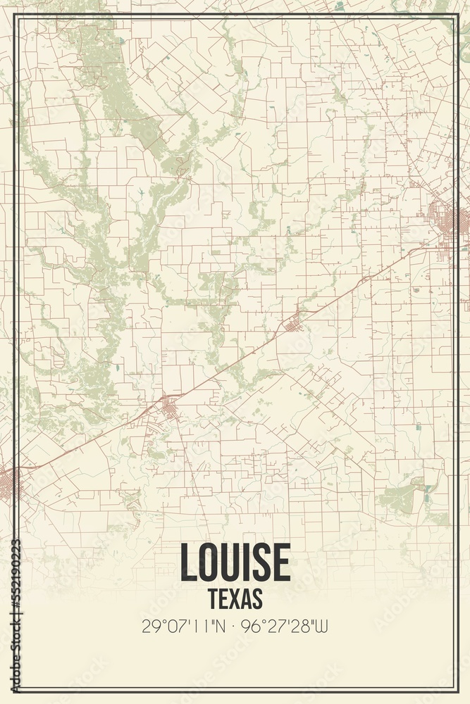 Retro US city map of Louise, Texas. Vintage street map.
