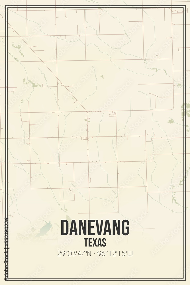 Retro US city map of Danevang, Texas. Vintage street map.