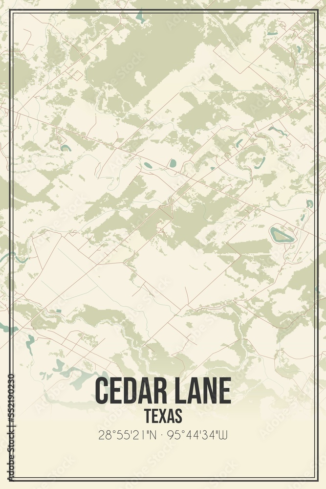 Retro US city map of Cedar Lane, Texas. Vintage street map.