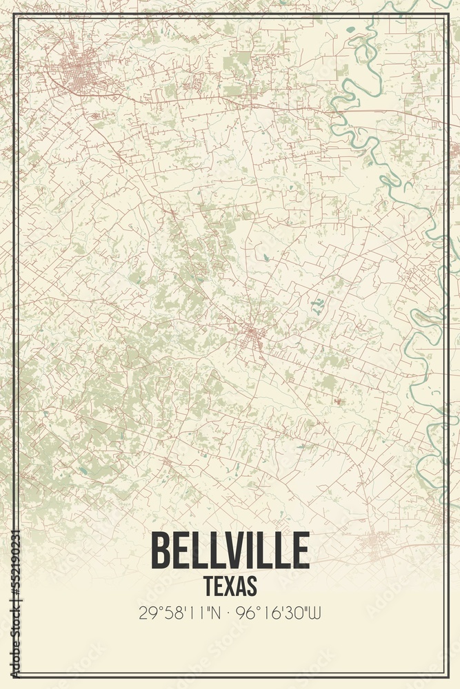 Retro US city map of Bellville, Texas. Vintage street map.