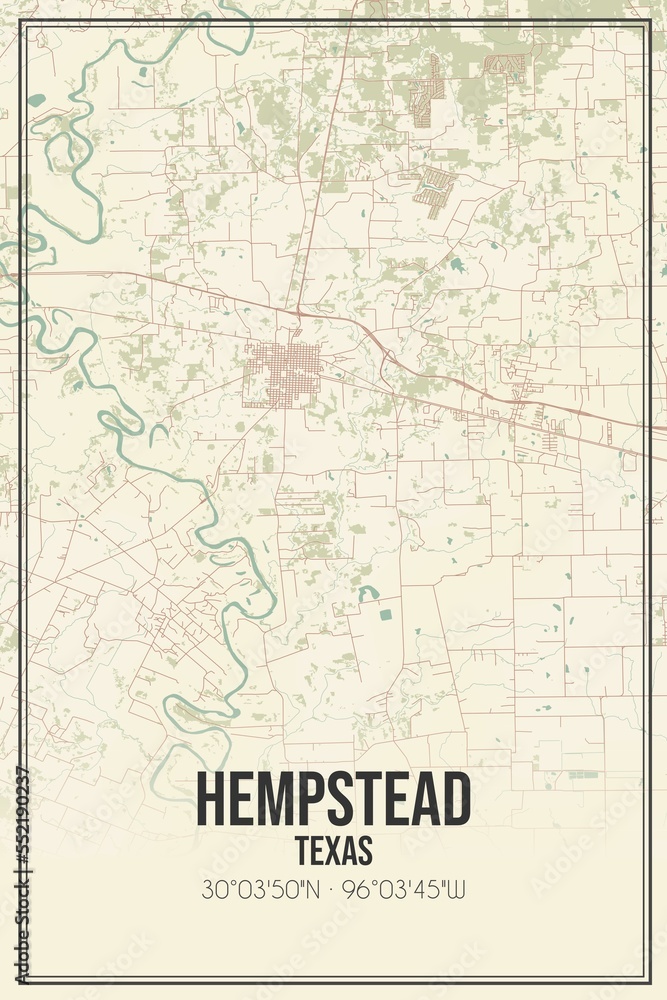 Retro US city map of Hempstead, Texas. Vintage street map.