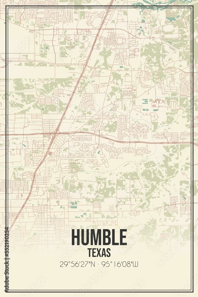 Retro US city map of Humble, Texas. Vintage street map.