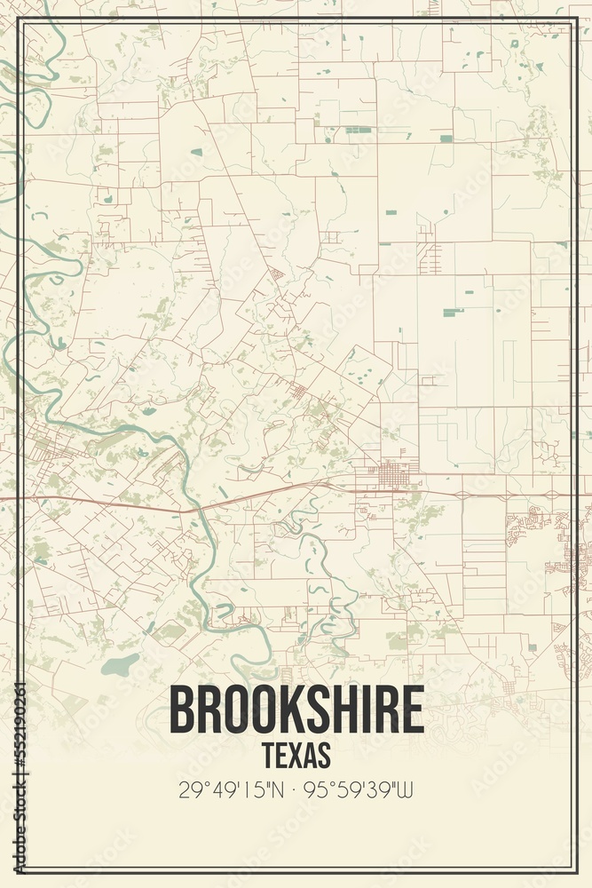 Retro US city map of Brookshire, Texas. Vintage street map.