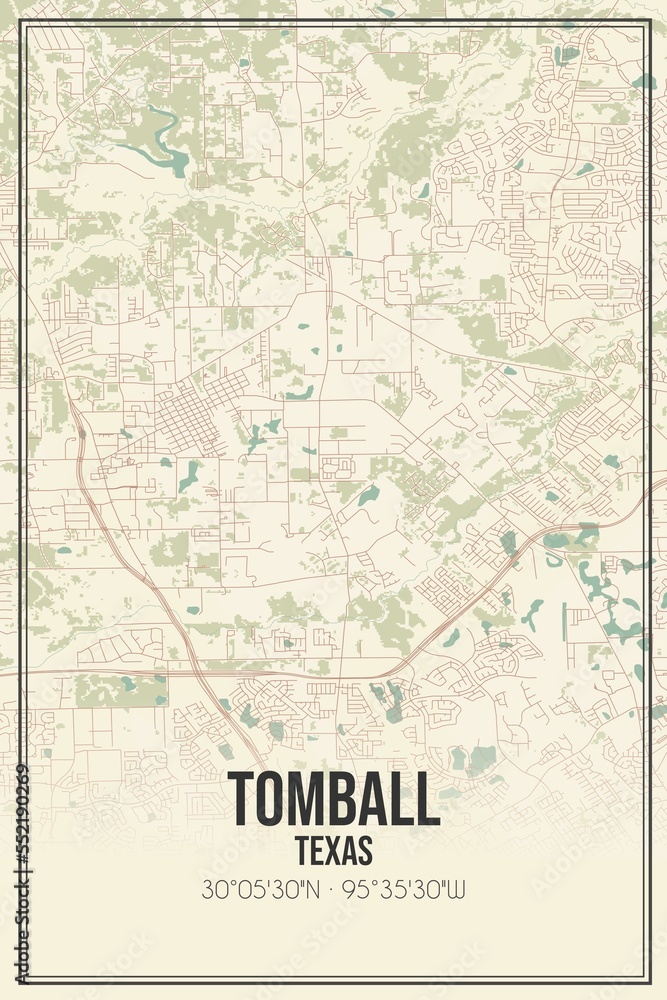 Retro US city map of Tomball, Texas. Vintage street map.