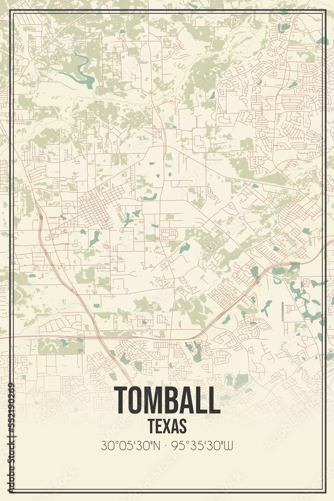 Retro US city map of Tomball, Texas. Vintage street map.