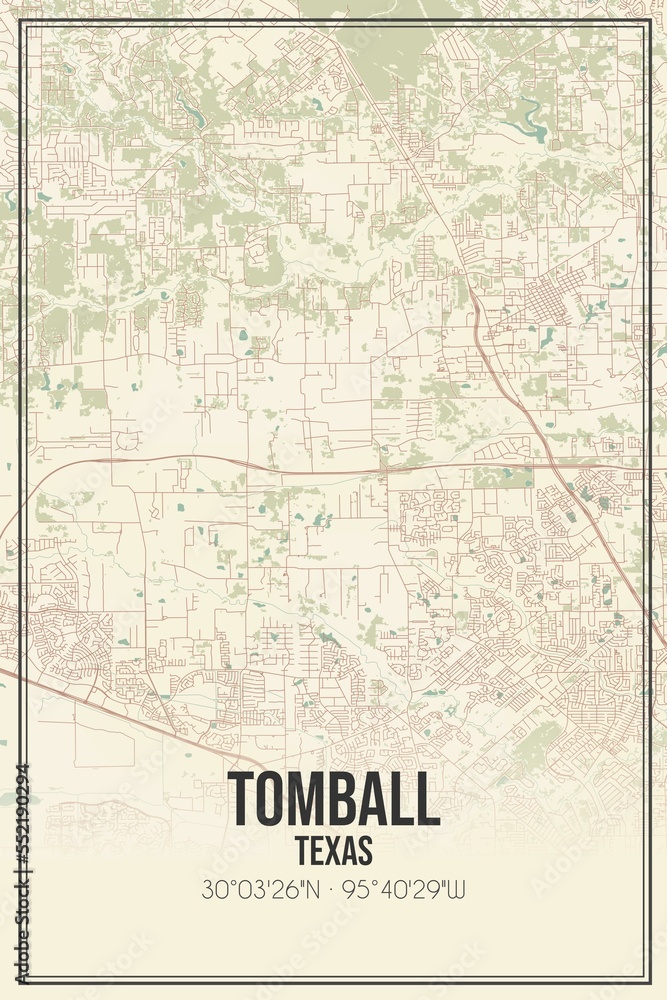 Retro US city map of Tomball, Texas. Vintage street map.