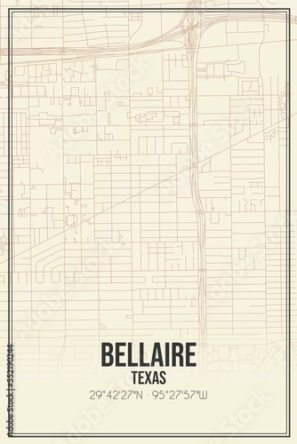 Retro US city map of Bellaire, Texas. Vintage street map.