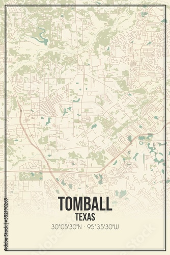 Retro US city map of Tomball, Texas. Vintage street map.