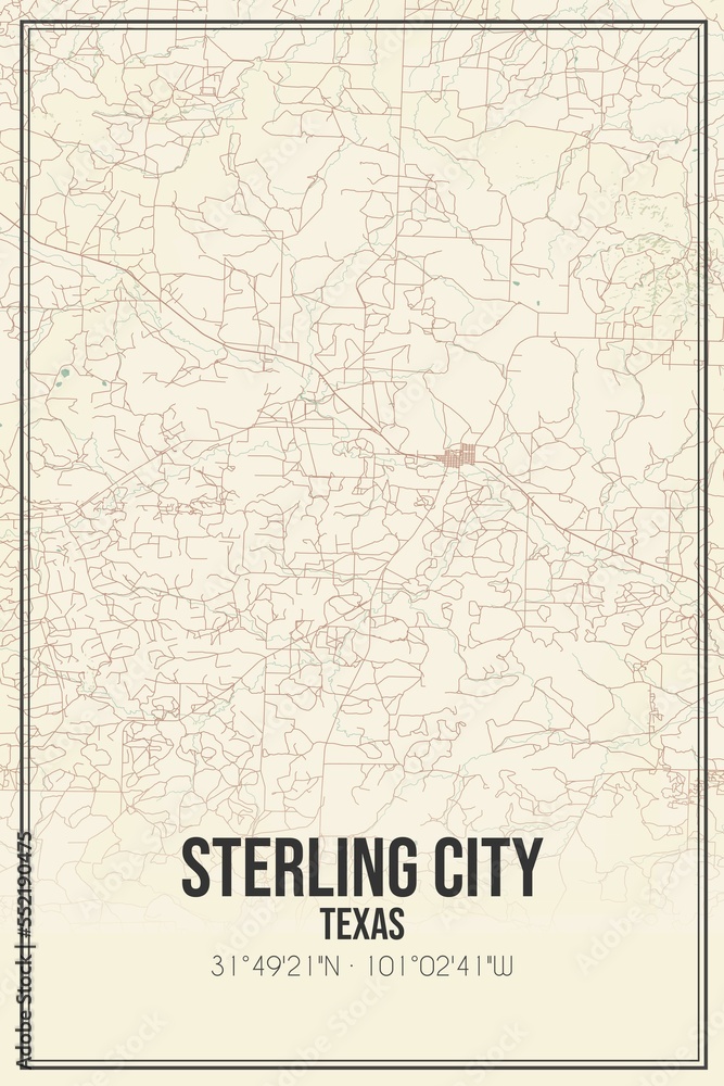 Retro US city map of Sterling City, Texas. Vintage street map.