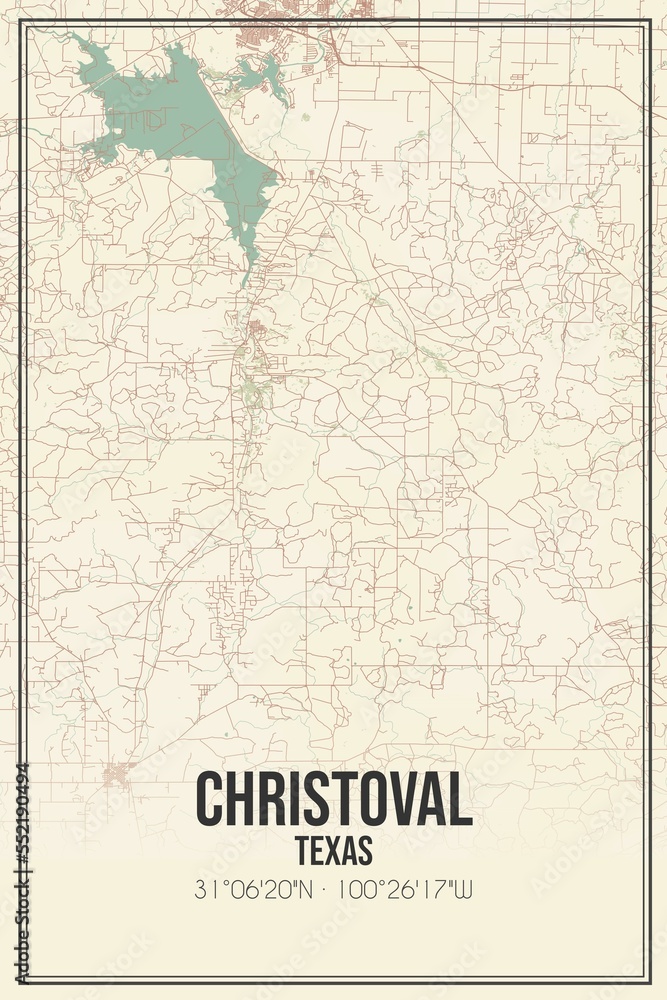 Retro US city map of Christoval, Texas. Vintage street map.