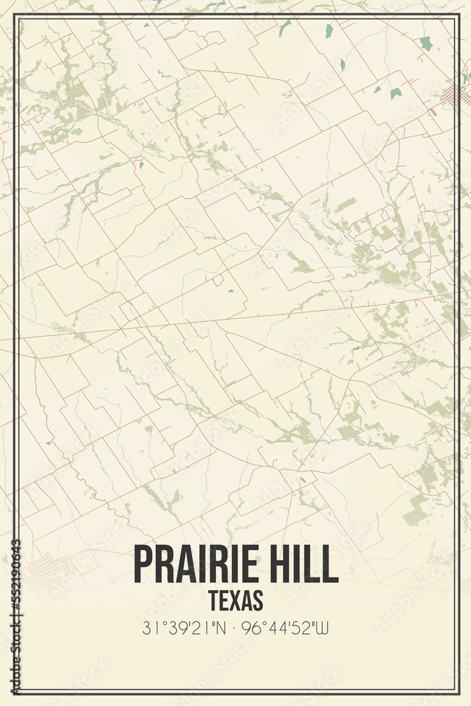 Retro US city map of Prairie Hill, Texas. Vintage street map.