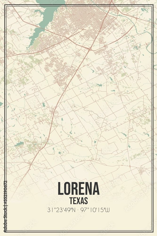 Retro US city map of Lorena, Texas. Vintage street map.
