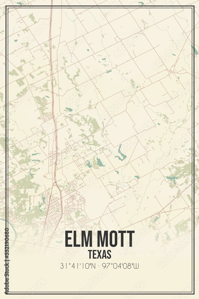 Retro US city map of Elm Mott, Texas. Vintage street map.