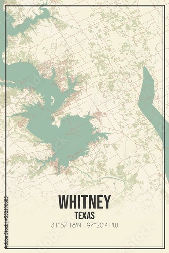Fotografie Retro US city map of Whitney, Texas. Vintage street map.