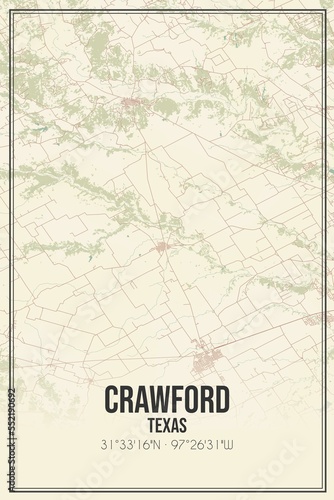 Retro US city map of Crawford, Texas. Vintage street map. photo