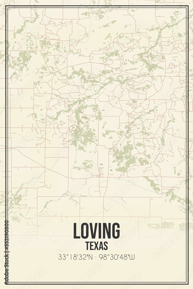Retro US city map of Loving, Texas. Vintage street map.