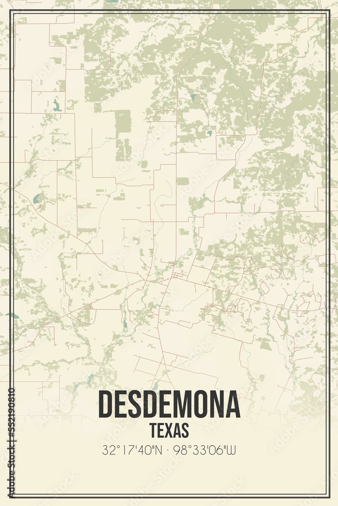 Retro US city map of Desdemona, Texas. Vintage street map.