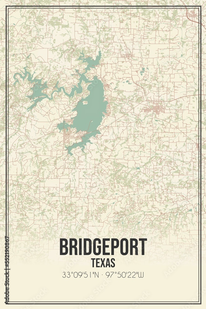 Retro US city map of Bridgeport, Texas. Vintage street map.