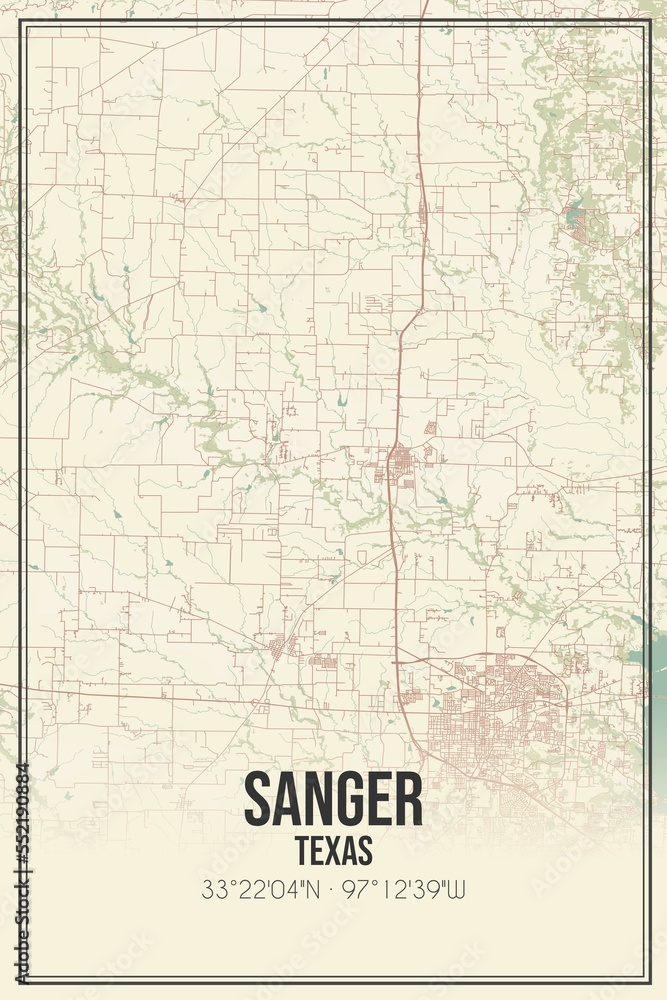 Retro US city map of Sanger, Texas. Vintage street map.