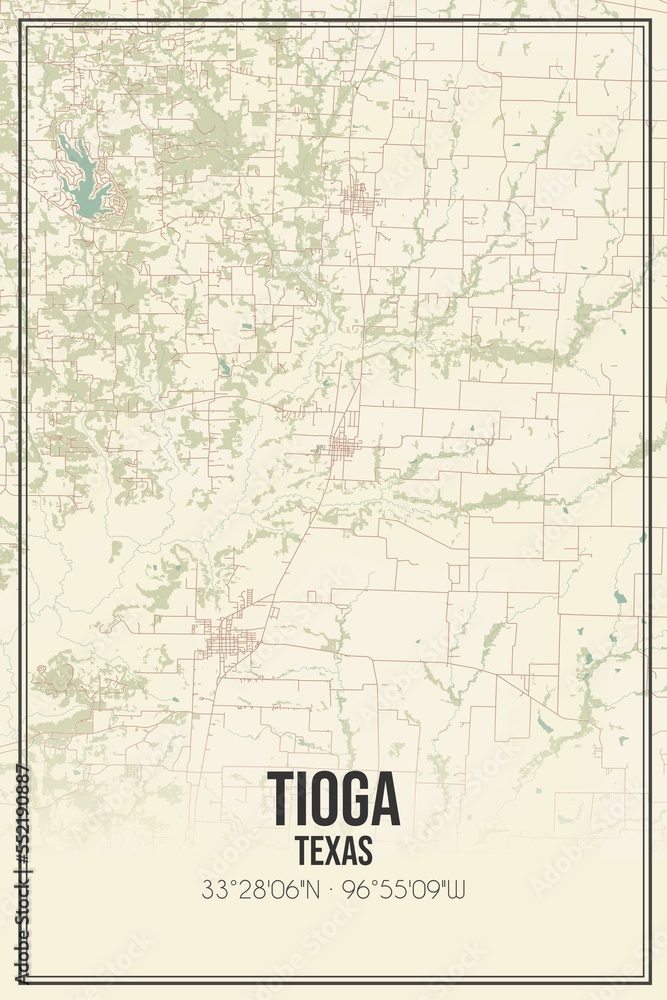 Retro US city map of Tioga, Texas. Vintage street map.