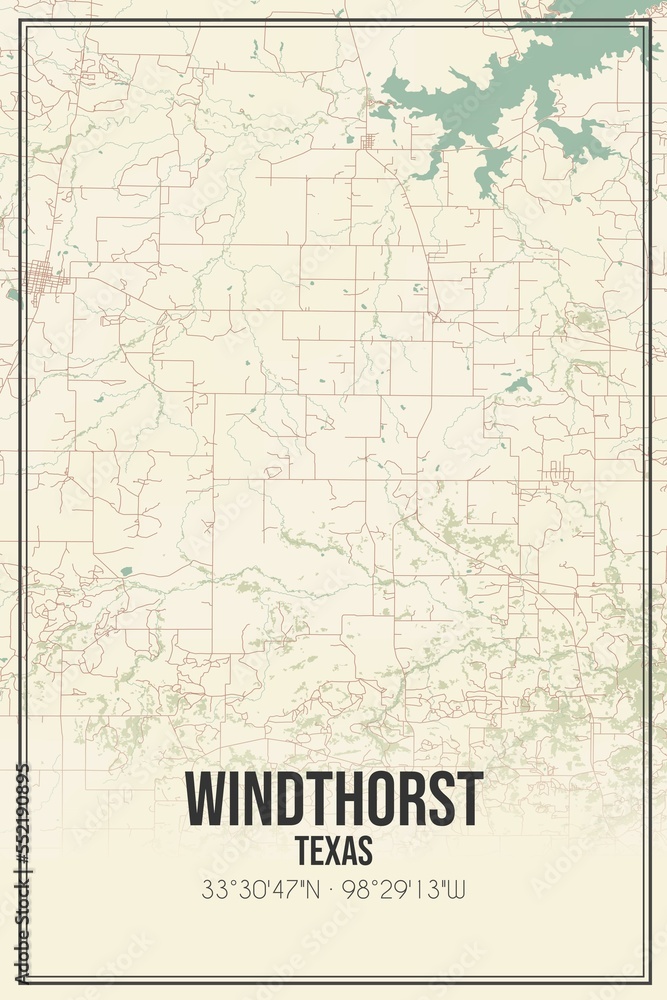 Retro US city map of Windthorst, Texas. Vintage street map.