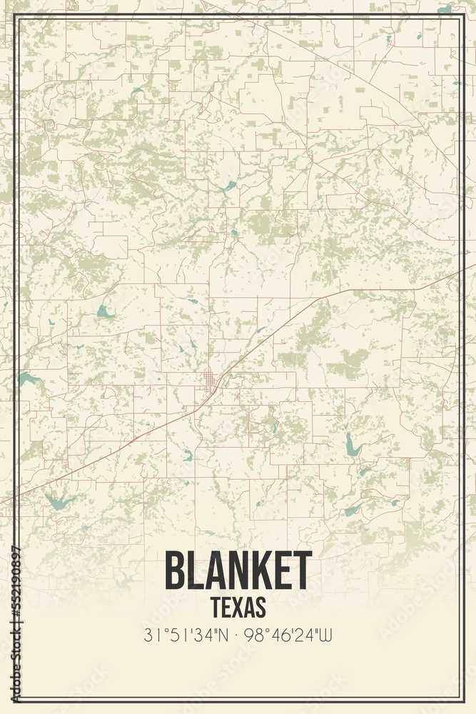 Retro US city map of Blanket, Texas. Vintage street map.