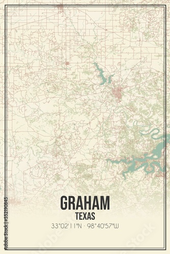 Retro US city map of Graham, Texas. Vintage street map.