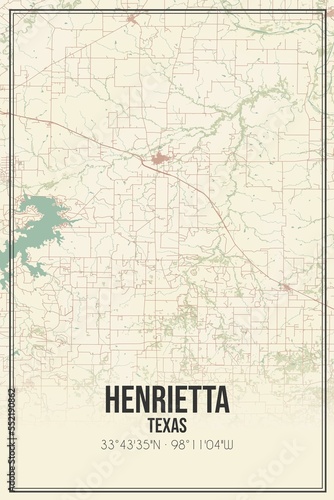 Retro US city map of Henrietta, Texas. Vintage street map.