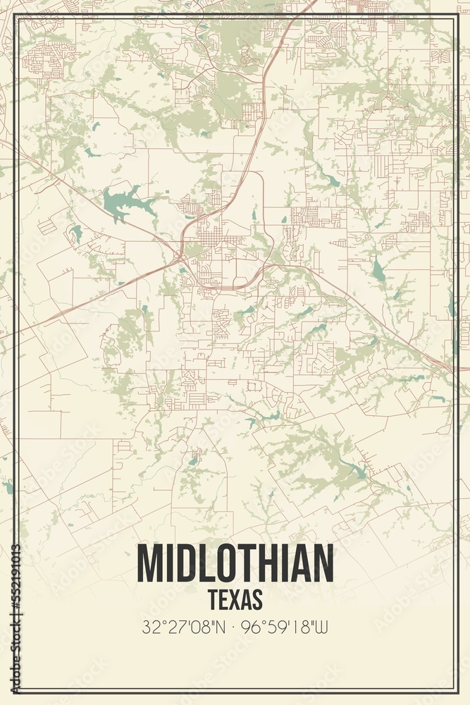 Retro US city map of Midlothian, Texas. Vintage street map.